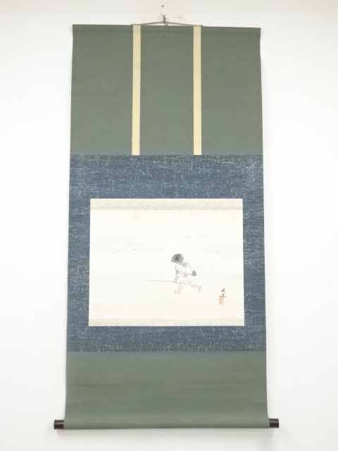 JAPANESE HANGING SCROLL / HAND PAINTED / VILLAGE BOY